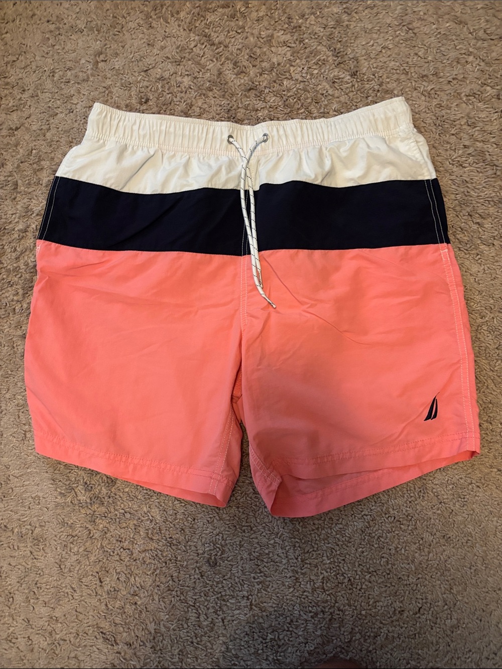 Nautica Men’s Coral, Navy & White Colorblock Swim Trunks